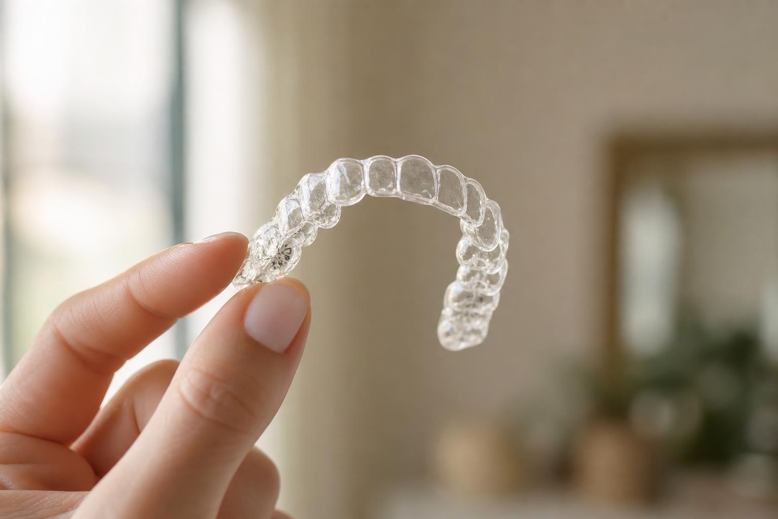 Hand holding a clear Invisalign aligner tray in soft natural window light
