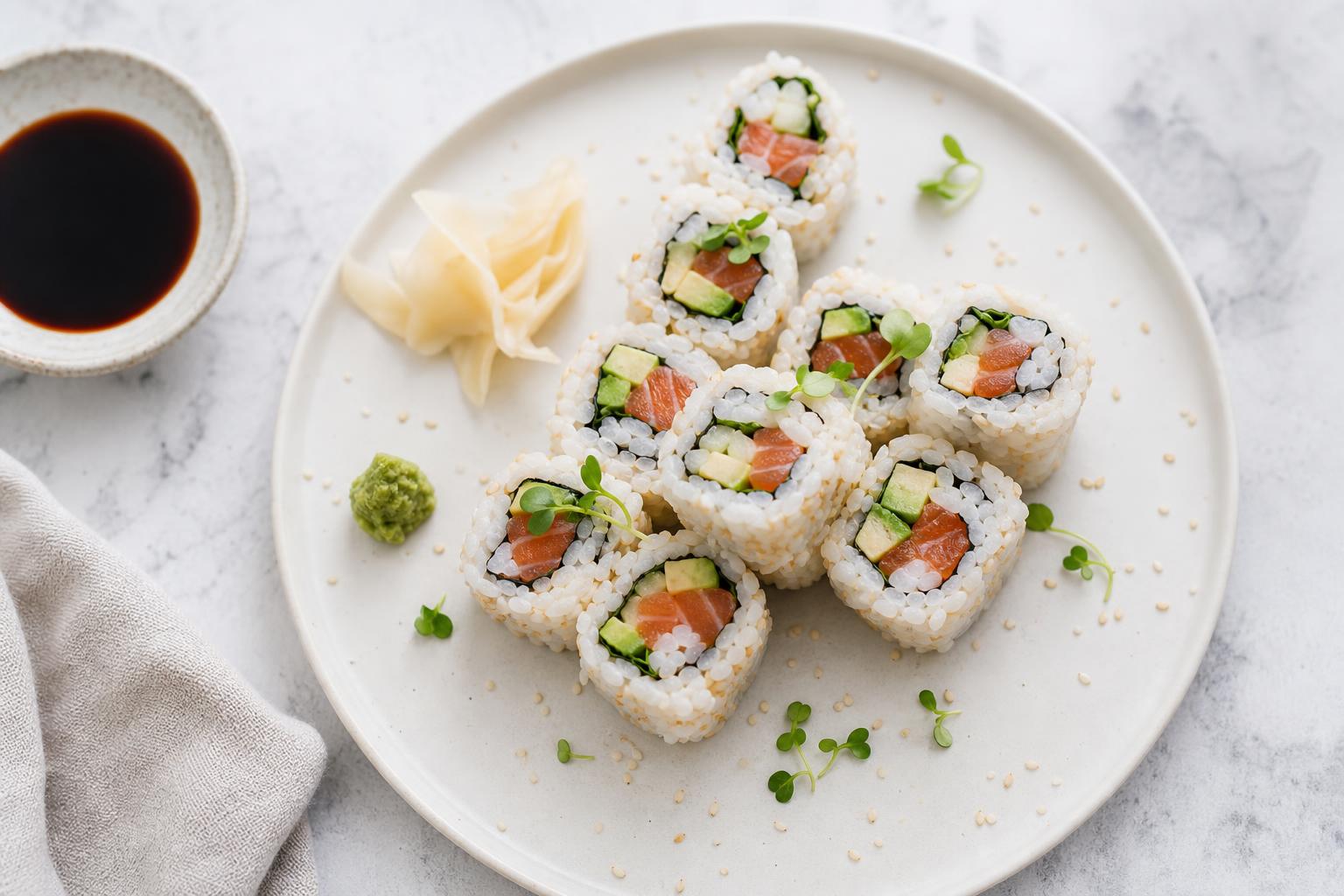 Plate of soft salmon and avocado sushi rolls on a white ceramic plate with soy sauce and ginger